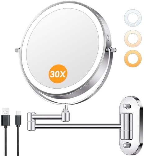 Auxmir 1X/30X Wall Mounted Makeup Mirror, 8" Rechargeable Magnifying Mirror by Auxmir