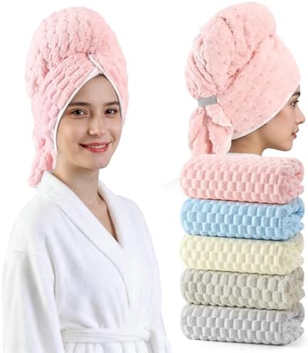 REDKISS 5 Pack Extra Large Hair Towels - Microfiber Hair Towel Wrap for Women, 23 x 47 inches Hair Towels with Elastic Strap, Super Soft Hair Drying Towels for Long, Thick, Curly Anti Frizz Turbans by REDKISSOnline