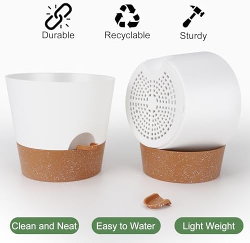 YNNICO 10 inch Plant Pots, Self-Watering Planters with Drainage Holes & Saucers for Indoor and Outdoor Plants (2-Pack,White - Image 3