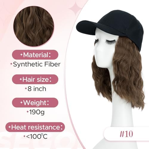 SEGO Hat with Hair Baseball Cap with Hair Extensions for Women Heat Resistant Synthetic 8" Adjustable Long Curly Hairpiece Replacement Wigs in Black Hat for Girls 10A Light Brown - Image 5