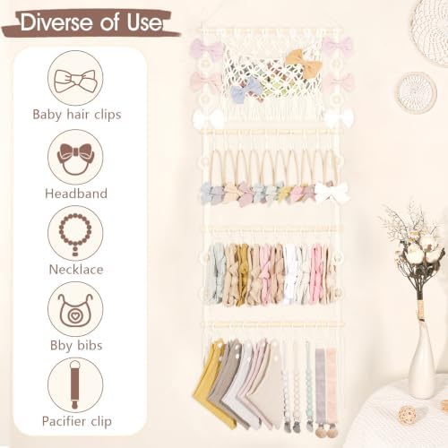 POVETIRE Headband Holder Hair Bow Organizer for Girls,Macrame Bow Holder Hair Accessories Organizer Storage Large Capacity Wall Hanging for Toddler Girl Nursery Room Decor - Image 5