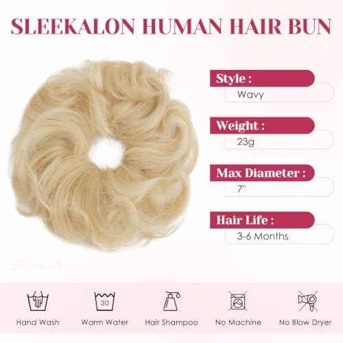 Messy Bun Hair Pieces Human Hair, Wavy #613 Bleach Blonde - Image 3