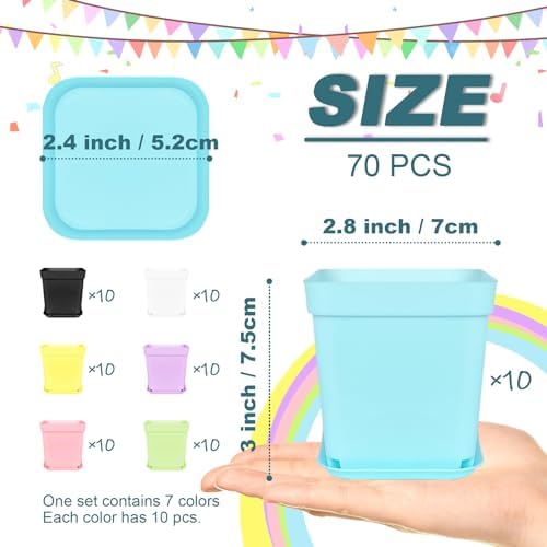 Anyumocz 70 PCS 3" Colorful Plastic Plant Pots,Plastic Square Nursery Pot,Seedling Nursery Pots with Saucers for Indoor Outdoor Plants,Garden,Flower,Home,Office,Balcony Decor - Image 2