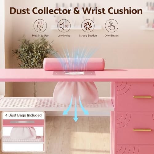 Manicure Table with Dust Collector and LED Display Cabinet (Pink) - Image 4
