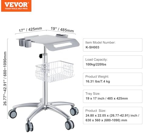 VEVOR Medical Trolley with Wheels - Height Adjustable Gas Lift, Large Tabletop 19"×17", Stainless Steel Rolling Laptop Cart with Storage Basket,Mobile Metal Scanner Cart for Ultrasound/Dental/EKG/Lab​ - Image 7