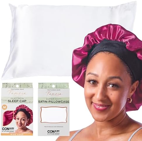 CONAIR x Tamera Mowry Housley Collection Satin Hair Bonnet with Bonus Pillowcase for Sleeping Set - Use on long and short lengths - preserve curls and braids - sleep cap for women - 2 piece bundle by conair