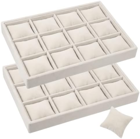 2 Pack 12 Grid Velvet Watch Tray Organizer with Removable Pillows - Stackable Bracelet & Bangle Display Holder for Drawer, Store, or Travel - Beige by Unknown