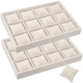 2 Pack 12 Grid Velvet Watch Tray Organizer with Removable Pillows - Stackable Bracelet & Bangle Display Holder for Drawer, Store, or Travel - Beige by Unknown