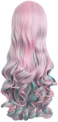MapofBeauty Lolita Long Curly Clip on Ponytails Cosplay Wig, Pink/Blue - Image 4