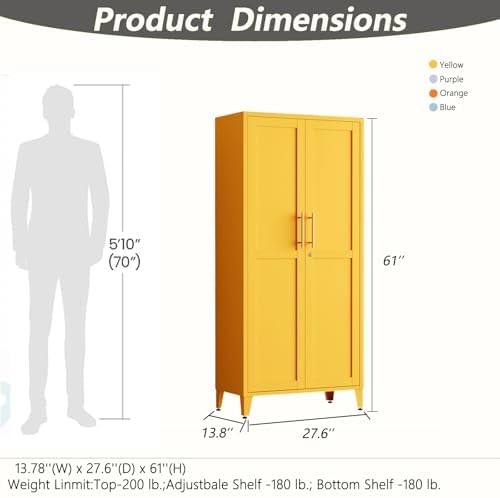 Metal Storage Cabinet with Lock,Yellow Steel Tool Cabinet with 3 Adjustable Shelves,61 Tall Freestanding Heavy Duty Garage Locker for Home Office Kitchen 61" H X 27.6" W X 13.8" D - Image 2