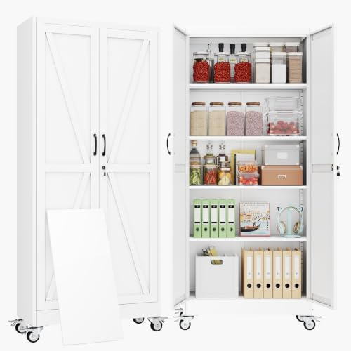 71" Metal Garage Storage Locker Cabinet with Wheels,Rolling White Lockable Tool Cabinet with 2 Doors and 4 Adjustable Shelves, Steel Office File Cabinet for Home Office Warehouse Gym by BAOLIWO