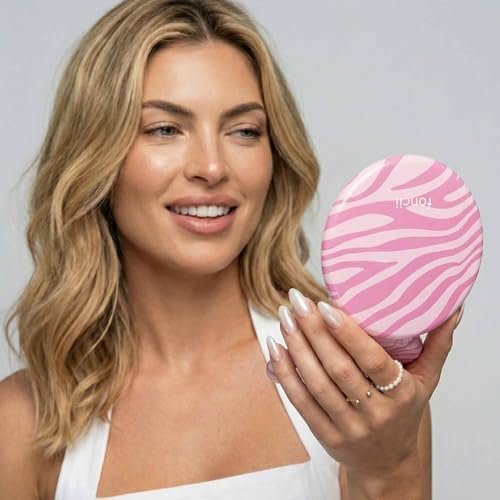 Fancii Taylor LED Lighted Travel Makeup Mirror, Rechargeable, 10x /1x Magnifying, Tru-Glow Lighting System, XL Large 5” Wide | Compact Mirror for Purses (Blush Zebra) - Image 2