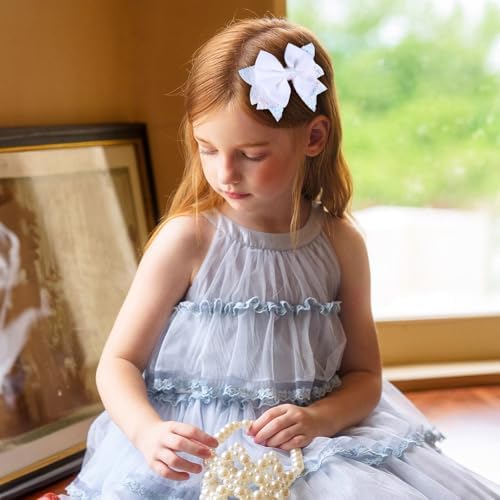 3.5-Inch Boutique Hair Bows Glitter White Ribbon Bow-Knot Alligator Clips Hairpins for Teen Toddler Flower Girls Kids Women Wedding Christmas Dress Decor Accessory Birthday Gift - Image 6