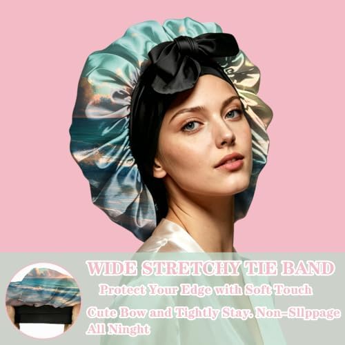Satin Hair Braid Bonnet for Sleeping Double Layer Tie Band Elastic Wide Soft Silk Lined Nightcap Women Girls Cute - Image 5