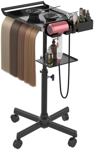 Hairstylist Tray on Wheels, Rolling Salon Tray with Holder and Hair Separator Stand, Salon Trolley Adjustable Tray with Storage Platform Dye Bowls and Tools for Hair Stylist by ZHOOGE