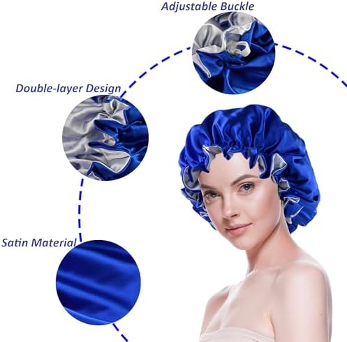 Silk Bonnet for Sleeping Satin Bonnets Double Layer Reversible Hair Cap Bonnet for Women Long Curly Braid Hair (Royal Blue) - Image 3
