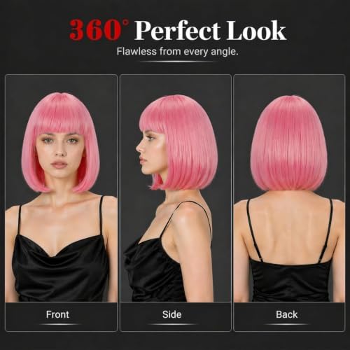 Short Pink Bob Wig with Bangs for Women - Image 2