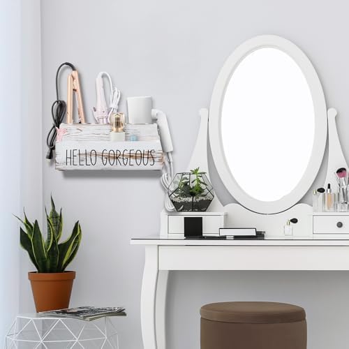 Bivvclaz Hair Tool Organizer, Rustic White Wood Hair Dryer Holder Countertop, Wall Mount Hot Tools Organizer for Hair Styling Accessories, Bathroom Supplies Vanity Caddy for Curling Wand, Blow Dryer - Image 7