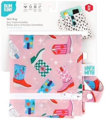 Bumkins Waterproof Wet Bag for Baby, Travel, Swim Suit, Cloth Diapers, Pump Parts, Pool, Beach, Gym Clothes, Toiletry, Hook to Stroller, Daycare, Zipper Reusable Wetdry Packing Pouch, Cowgirl Boots - Image 6