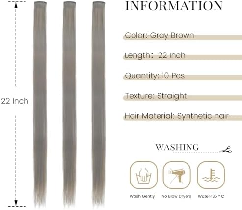 10 Pcs Colored Clip in Hair Extensions Gray Brown 22 Inch - Image 2