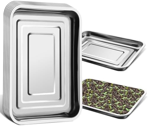 Stainless Metal Trays, Stainless Steel Seed Starter Carry Tray Fit 54 Cell Plug Tray, Nursery Seedling Pots Water Collection Transplantation (11.6 inch×15.2 inch, 1.45" Height, 10-Pack) by RooTrimmer