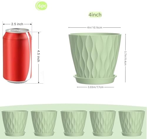 4 Inch Plant Pots, 6 Pack Indoor Flower Pots, Planters with Drainage Holes and Trays for Orchids, Violets, Succulents, Herbs, and Other Plants,Green - Image 2