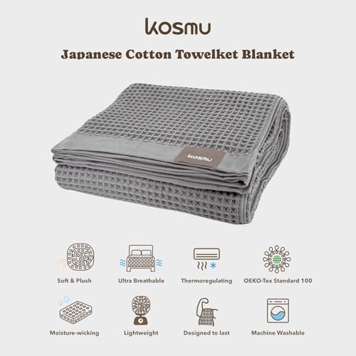 Luxury Organic Japanese Cotton Waffle Towelket Throw Blanket Bedspread for All Sleepers | Soft, Breathable and Thermoregulating (Smoke Grey, 67''x91'') - Image 3