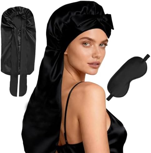 Womens 2Pcs Silk Satin Bonnet Long Hair Bonnets For Sleeping Silky Bonnet With Eye Mask Braids Curly Hairs Sleep Cap by WJingYiJia