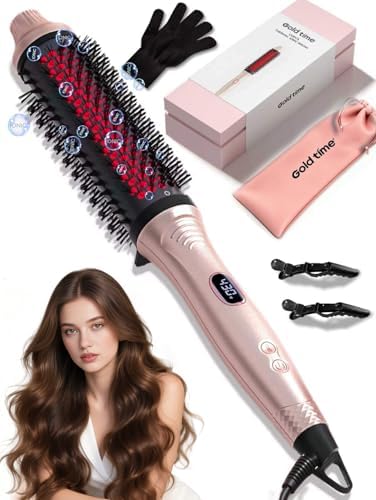Infrared Thermal Brush 1.65”, 100M Negative Ions 2-in-1 Curling, Straightening & Smoothing Round Brush, 6 Heat Settings with LED Display, Lightweight Quiet, Dual Voltage, Auto Shut-Off, Pink Gift Box by USGOLDTIME