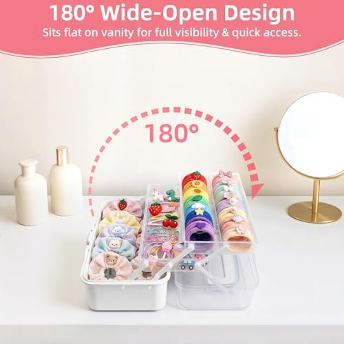 neotidy Hair Accessories Organizer for Girls, 3 Layer Hair Organizer Storage Box with Dividers & Handle, Hair Tie Organizer & Hair Product Organizer Case, Kids Hair Accessories Organizer, White - Image 5