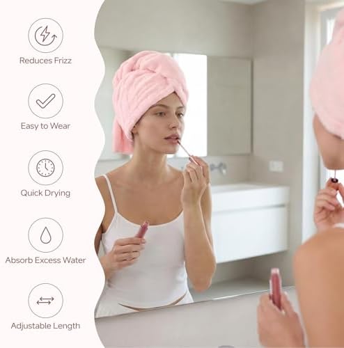 REDKISS 3 Pack Microfiber Hair Towel Wrap for Women, Super Absorbent Quick Dry Hair Turban for Thick Long Curly Hair, Large Stay-Put Anti-Frizz Hair Drying Towels, Pink Blue Gray - Image 2