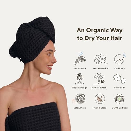 Luxury Organic Japanese Cotton Hair Drying Waffle Towel Wrap for Women | Absorbent, Quick-Dry Head Turban for Shower, Sauna, Spa | Extra Large for Long, Curly, Straight Hair With Button (Black, 1 Pc) - Image 3