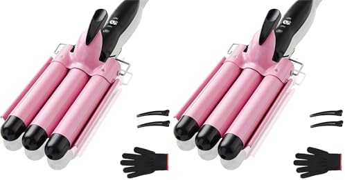 TOP4EVER 3 Barrel Curling Iron, 1 inch Crimper Hair Tool,Crimping Waver for Women Beach Waves with Two Temperature Settings, Pink (Pack of 2) by TOP4EVER