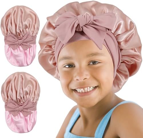2 PCS Kids Bonnets for Girls,Silk Bonnet for Kids Boys,Double Layer Reversible Satin Bonnet Sleep Cap for Child 3-12Y (pink&pink) by SAYMRE
