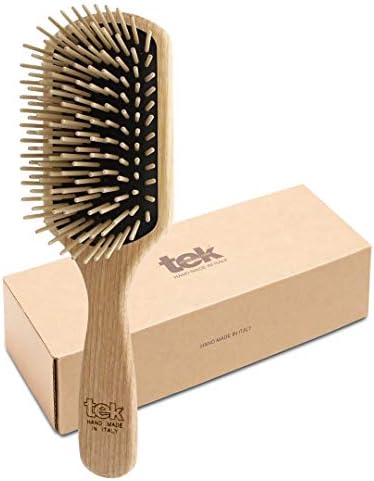 TEK | Rectangular Wooden Hair Brush Big with Long Rounded Teeth in Natural Ash Wood, Ideal for Detangling, Styling and Daily Care of Long and Thick Hair | 22x6cm | Handmade in Italy by Tek