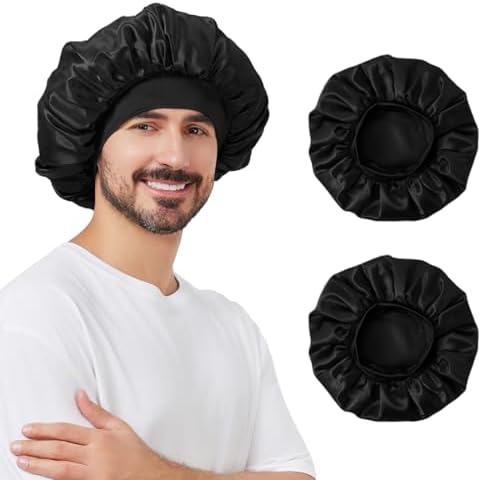 2 PCS Satin Silk Bonnet for Men Women, Hair Bonnet for Sleeping Men with Elastic Band, Large Silk Bonnet for Women Curly Hair Braids (Black+Black) by SUPAZE