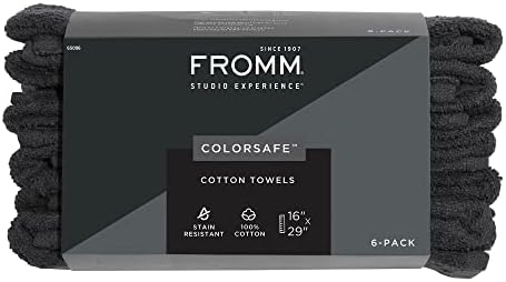Fromm ColorSafe 100% Cotton Bleach Proof Salon Hair Towels for Hairstylists, Barbers, Spa, Gym in Black, 16" by 29", 6 count Absorbent Stain Resistant Towels for Drying Curly, Long, Wavy Hair by Fromm