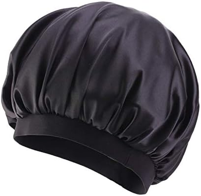 INOGIH Black Silk Satin Bonnets for Women Men Wide Band Hair Wrap Cap for Curly Hair Shower Cap for Sleeping - Image 7