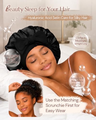BONNET QUEEN Silk Bonnet for Sleeping Women HYALURONIC Acid Double Layer Satin Lined Bonnet Night Sleep Cap Wrap for Curly Hair with Adjustable Tie Band & Scrunchie, Black - Image 2