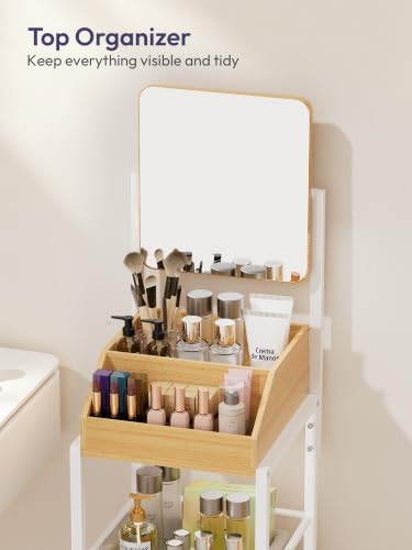 SWTYMIKI Makeup Organizer Cart with Mirror - Makeup Storage Vanity Dresser with Non-Woven Drawers, 360° Rotating HD Mirror, Rolling Organizer Cart for Skin Care Perfume Nail Polish Hair Tool White - Image 4