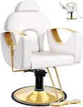 Salon Barber Chair for Hair Stylist, Professional Reclining Hydraulic Styling Chair with Heavy-Duty Pump, All Purpose Hairdresser Chair for Barbershop, Braiding, Shampoo, Spa Equipment, White Gold by FELIVINE