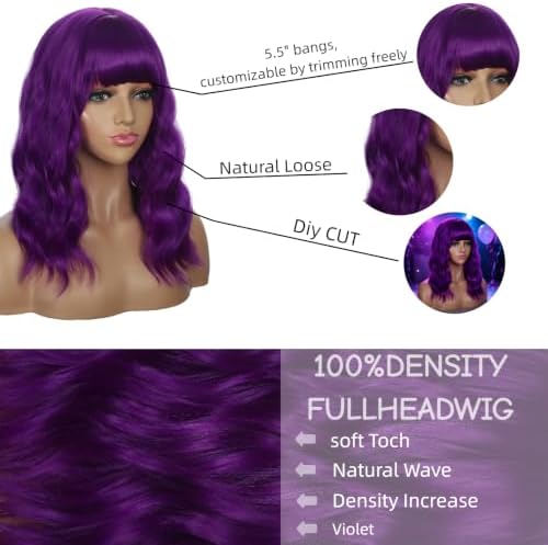 Sebast Pastel Bob Wigs with Bangs for Women Loose Wavy Wig Pastel Wavy Shoulder Length Bob Synthetic Cosplay Wig for Girl Colorful Costume Wigs (Violet) - Image 3