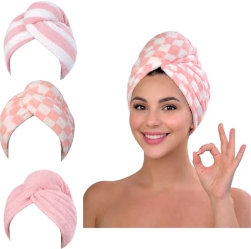KELVO Microfiber Hair Towel Wrap for Women - Pack of 3, 350 GSM Super Absorbent Quick Dry Hair Turban, Anti-Frizz Head Wrap for Curly, Long & Thick Hair, Soft Hair Drying Towel (Pink, Mixed Style) by Unknown