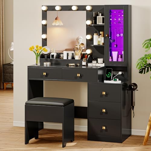 Vanity Desk with Mirror and Lights, Makeup Vanity Table Set with 5 Storage Drawers, Power Outlet & Chair, Small Dressing Table with RGB Ambient Light, Adjustable Brightness for Girls Bedroom, Black - Image 2