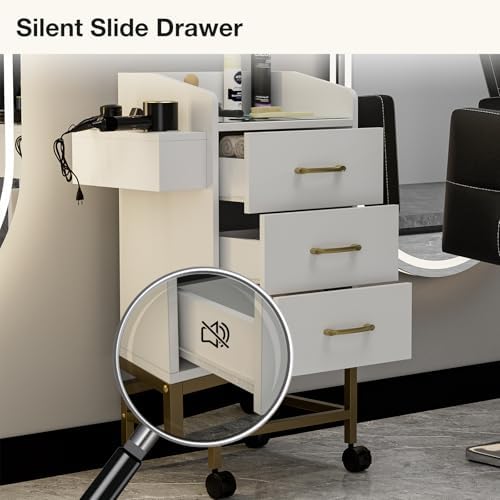 Beauty Salon Storage Trolley Cart, Mobile Hair Salon Station Hairdressing Tools Organizer Cabinet with 3 Drawers, Hair Dryer Holders and Lockable Rolling Wheels (White Gold) - Image 2