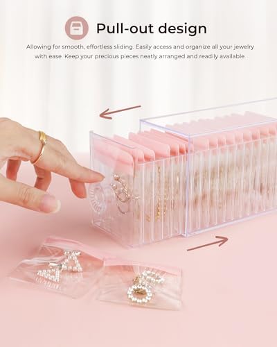 HOMEHIVE Clear Acrylic Jewelry Organizer Box with 20 Portable Pouches, Jewelry Storage Case for Women Girls, Tangle-Free, Anti-Tarnish, Compact Storage for Necklaces/Earrings/Rings, Upgraded Pink - Image 2