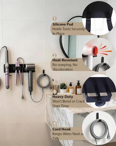 Hair Dryer Holder Wall Mounted with Cord Organizer, Black - Image 6