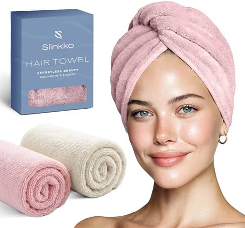 Microfiber Hair Towel Wrap for Women – Ultra Absorbent Quick Dry Turban | Button & Loop Design | Soft Lightweight Fabric | Reduces Frizz & Breakage | All Hair Types | Pink & Beige by Slinkko