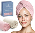 Microfiber Hair Towel Wrap for Women – Ultra Absorbent Quick Dry Turban | Button & Loop Design | Soft Lightweight Fabric | Reduces Frizz & Breakage | All Hair Types | Pink & Beige by Slinkko