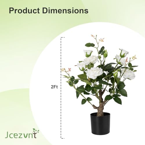 24’’ Artificial Rose Tree, 2 Pack Faux Rose Plants with White Flowers and Green Leaves, 2FT Silk Potted Tree for Indoor Outdoor Home Office Porch Garden Decor, White - Image 3